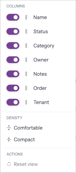Adminix list settings menu